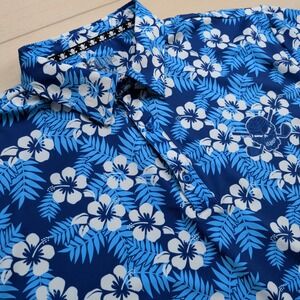 Tattoo Golf Polo Shirt Mens 2XL Blue Aloha Cool Stretch Skull Hawaiian Print